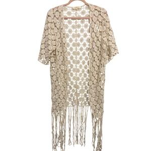 Rebellion Again Womens Large Cream Crochet Lace Fringe Open Front Cardigan